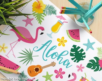 Flamingo Clipart - Summer, beach, Tropical plants, ice-cream, cocktails, pink hibiscus, Commercial use, Vector Clip Art, SVG Cut files