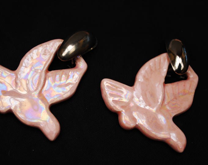Pink bird earrings, - shiny pink ceramic -drop dangle clip on earrings