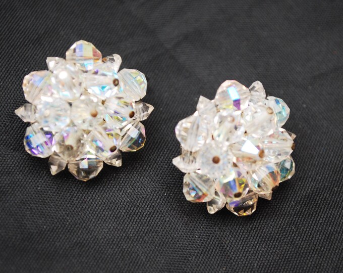 Crystal Bead Cluster Earrings - Signed Laguna - Aurora Borealis Glass beads - Clip on earrings