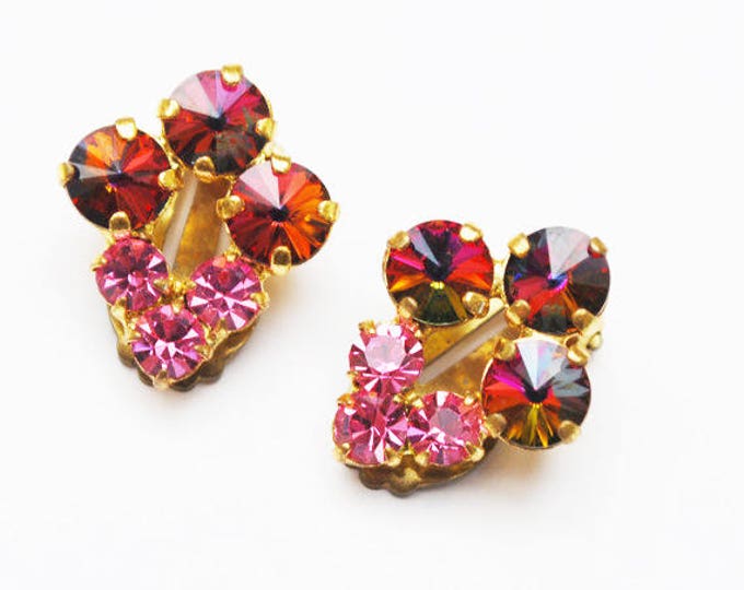 Pink Rivoli rhinestone Brooch earrings set - signed Austria - Pink yellow crystals - Gift for her