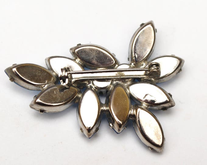 Light Blue Rhinestone Brooch - Flower Leaf floral pin - silver tone - mid century