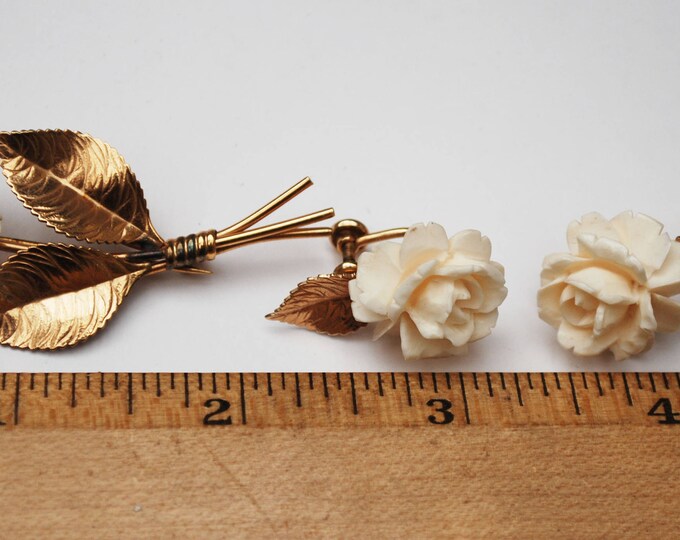 White Celluloid flower Brooch and earring set - Signed Van Dell - 12 kt gold filled -rose floral