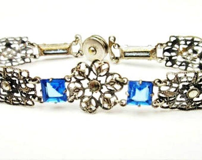 Blue Glass Link Bracelet - 1940s snap clasp - Marcasite silver plated filigree panel - Art Deco