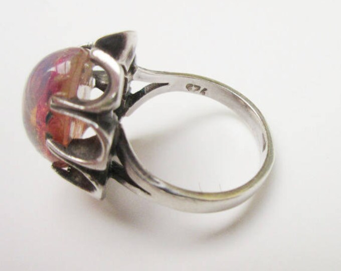 Sterling Pink opal Glass ring - silver flower pink art glass cabochon - size 7 ring