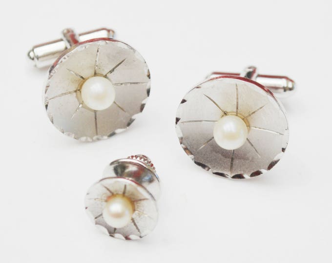 Sterling Silver Pearl Cuff links and tie tact. - round white salt water pearl - wedding groom - cufflinks