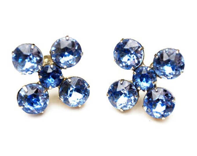 Blue Rhinestone EArrings - Light bluish glass crystal - silver - flower floral - Wedding bride -screw back earrings