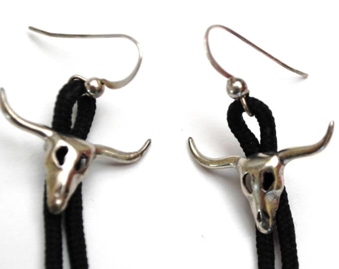 Sterling Bolor Tie Earrings - Silver cow skull - black nylon - dangle drop - Tribal Southwestern - pierced earring