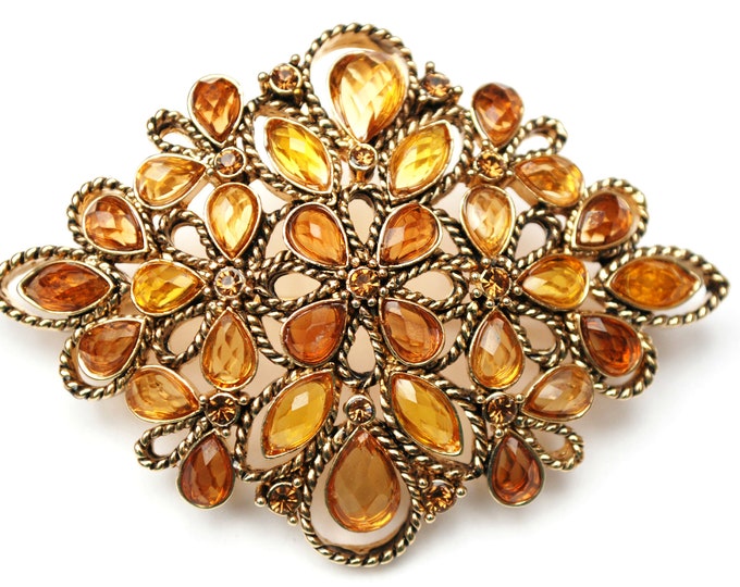 Monet Amber rhinestone Brooch - Yellow orange Lucite - gold - Mid Century - signed jewelry Pin