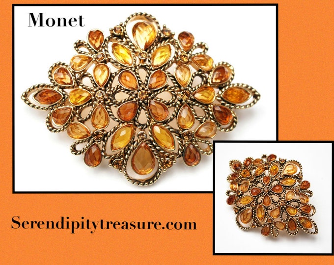 Monet Amber rhinestone Brooch - Yellow orange Lucite - gold - Mid Century - signed jewelry Pin