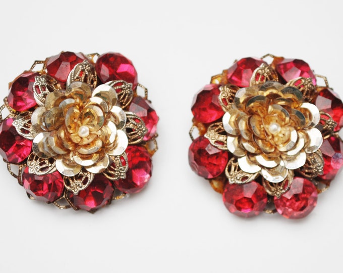 Large Flower Clip on Earrings - Red Rhinestone Gold foil - White pearl