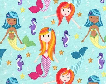 Mermaid Fabric/Sea Horse/Aqua, Pink, Orange, Yellow/Cotton Material for Girls /Quilting, Clothing Yardage/Fat Quarter, Half, By The Yard