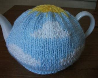 Hand Knitted Shabby Chic Sunshine & Clouds Tea Cosy For A 2 pint (4-6 cups) Teapot