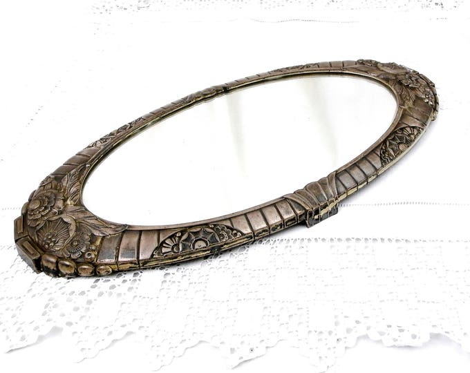 Antique Art Deco 1930s Silver Plated Metal Oval Mirrored Plateau / Tray Made by Orfevrerie Dilecta from France with Flower Pattern