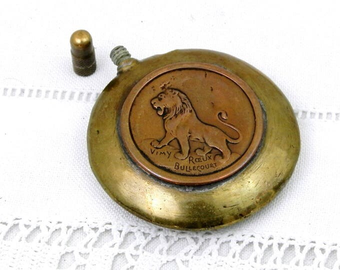 Antique French Trench Art WW1 Powder Flask in Copper and Brass with Embossed Lion Rooster Inscribed Vimy Roeux Bullecourt Fleury Thiaumont Antique French Trench Art WW1 Powder Flask in Copper and Brass with Embossed Lion Rooster Inscribed Vimy Roeux Bullecourt Fleury Thiaumont