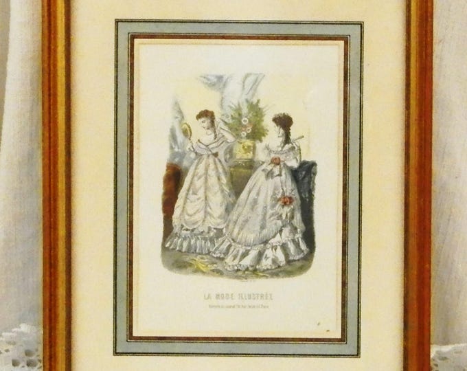 Antique French Framed Colored Engraving Picture from " La Mode Illustrée" in Gold Gilt Frame, Victorian Era Fashion, Napoleaon 3 Dress Antique French Framed Colored Engraving Picture from " La Mode Illustrée" in Gold Gilt Frame, Victorian Era Fashion, Napoleaon 3 Dress