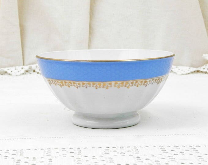 Antique Blue and White with Gold Gilt Frieze Farmhouse Ceramic Scalloped Sided Coffee Bowl from France, French Gilbert Café Bowl, Latte