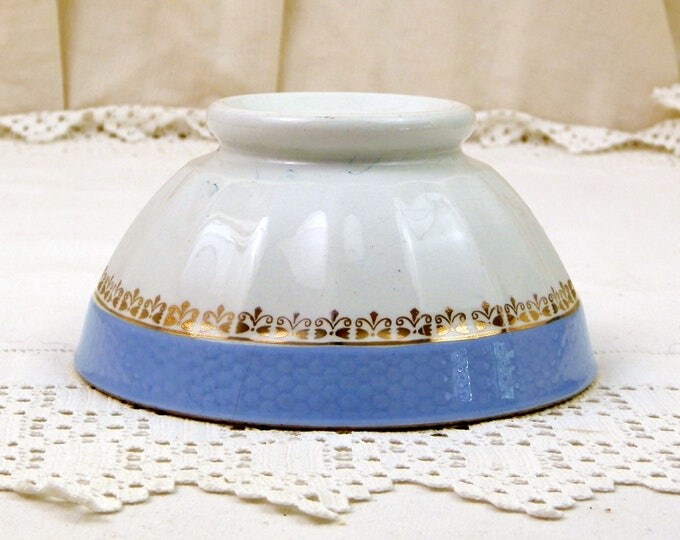 Antique Blue and White with Gold Gilt Frieze Farmhouse Ceramic Scalloped Sided Coffee Bowl from France, French Gilbert Café Bowl, Latte