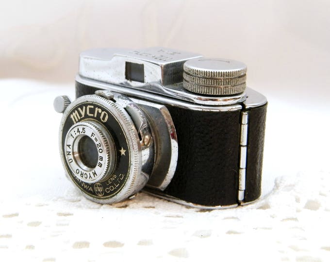 Vintage Miniature Photographic Mycro III A Sanwa Camera with Leather Case, Subminiature F=20 mm, Retro Analog Tiny Small Photo Camera 1950s