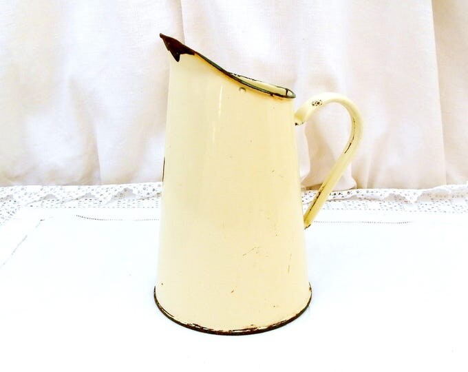 Small Antique French Pale Yellow / Beige French Enamelware Pitcher, Chippy Enamel Jug / Vase