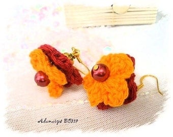 Knit orange and red flower earrings * Adamarys BO319 *.