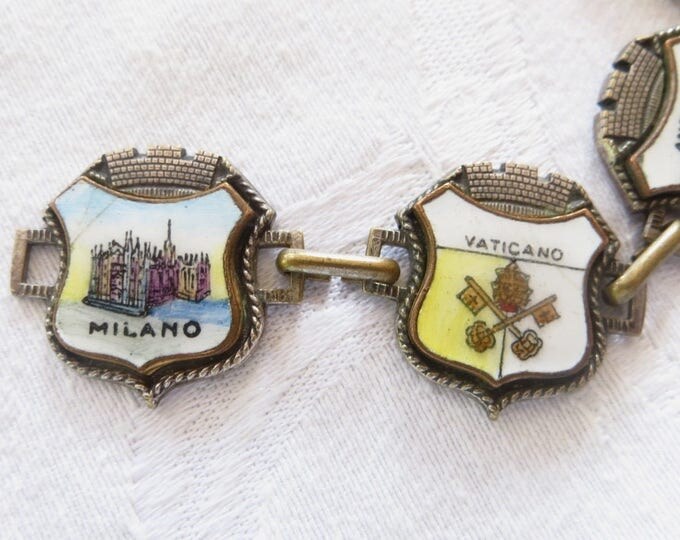 Vintage Italian Souvenir Bracelet, Enamel Panel Bracelet, The Vatican, Pisa, Verona, Milan, Torino, Andora, Italy Souvenir