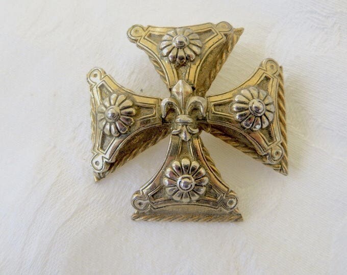 Maltese Cross Brooch Heraldic Fleur De Lis Pin, Heraldic Jewelry, Signed Accessocraft Vintage Malta Cross Designer Signed Jewelry