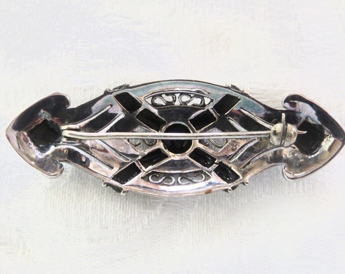 Art Deco Marcasite Brooch, Sterling Silver and Enamel, Vintage Art Deco Pin