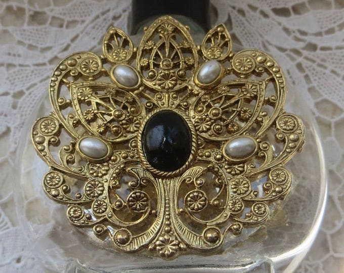 Filigree Perfume Bottle, Pearl and Onyx Stones, Vintage Vanity Bottle, Perfume Holder