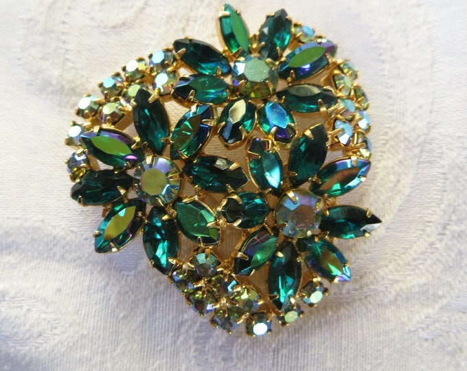 Vintage Rhinestone Brooch, Green Navette and Aurora Borealis Stones, 1960s Rhinestone Jewelry