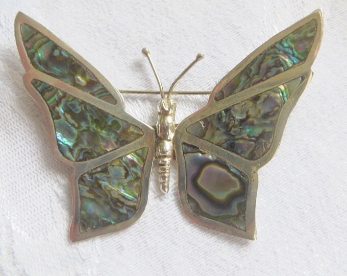 Vintage Butterfly Brooch, Sterling Butterfly Pin, Abalone Shell, Mexico Silver, Butterfly Jewelry, Bugs and Insects