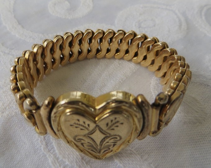 Gold Filled Sweetheart Bracelet, Etched Heart, Signed Carl Art, Expansion Bracelet, 1940s Bracelet