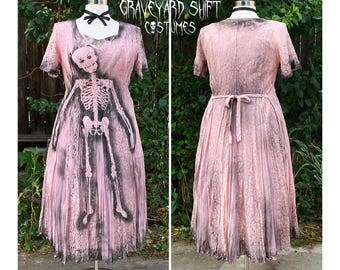PLUS SIZE 1X Zombie Costume // Zombie Housewife Halloween Costume // Skeleton Dress // Dead Doll // Ghastly Garden Dress Pink