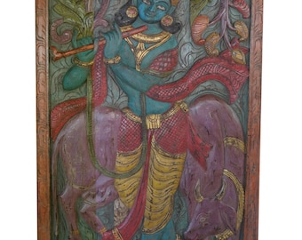 Vintage Krishna with Cow Enjoying Melody, Hand carved Spiritual Barn door, Wall hanging, Eclectic Decor CLEARANCE SALE
