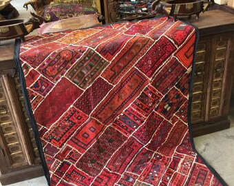 Antique Vintage  Original Tapestry Red Hand Crafted Beade d RUG Wall Hanging Decor FREE SHIP Early Black Friday