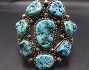 BIG Signed Vintage NAVAJO Sterling Silver & Turquoise Cluster Cuff BRACELET 116g