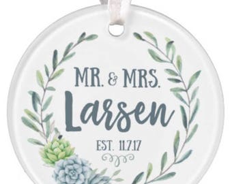 Watercolor Wedding Ornament, Christmas Ornament, Personalized Wedding Ornament, Wedding Gift, Mr. & Mrs. Ornament, RyElle, Christmas