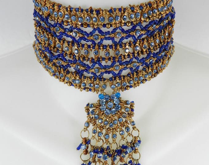 Vintage WIDE Vintage Blue Gold Seed BEADED BIB Collar Necklace Tribal Bohemian Boho Chic Rare Big Statement Ethnic Bead Choker Gift for her