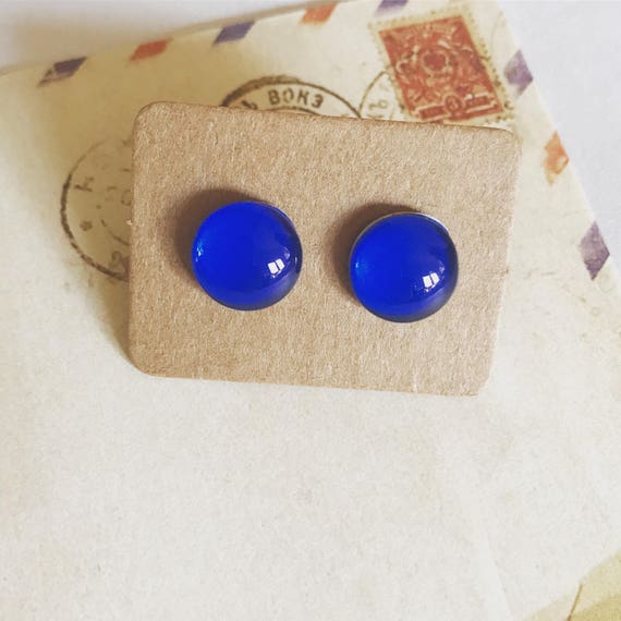 Navy Blue Glass Stud Earrings. Hypoallergenic surgical steel glass tile.