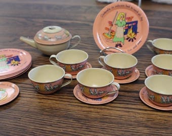 1930s Cinderella Tin Toy Tea Set By Ohio Art, Vintage Ohio Art FB Peat Litho Tea Set