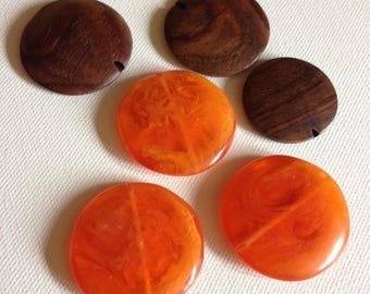 Large flat beads marbled orange plastic and wooden beads