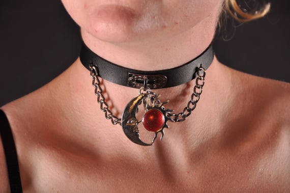 Sun & Moon choker, black faux leather chain choker necklace - punk, gothic, lolita by Spritejewelry steampunk buy now online