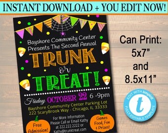 EDITABLE Trunk or Treat Flyer/Invitation Printable Halloween Invitation, Community Halloween Event, Kids Halloween, Halloween Party Invite