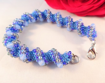 Chunky Bracelet, Chic Beaded Jewelry with Swarovski Crystal, Waves Bracelet, Blue Beadwork Jewelry for Special Event, Gift for Mother