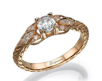 Antique Engagement Ring, Unique engagement ring, Rose Gold Engagement Ring, Vintage Ring, Art deco ring, Wedding ring, Milgrain ring