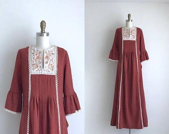 SALE 50% OFF 1970s Dress / Vintage 1970s Bohemian Dress / Rust Deadstock Maxi Dress