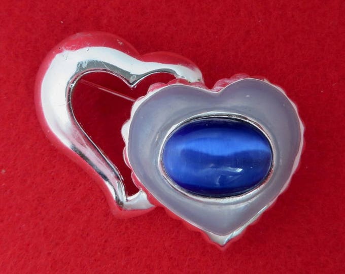 AAI Blue Heart Brooch, Blue Cat's Eye Brooch, Signed AAI Pin, Vintage Enamel Hearts Pin, Silvertone Double Heart Pin