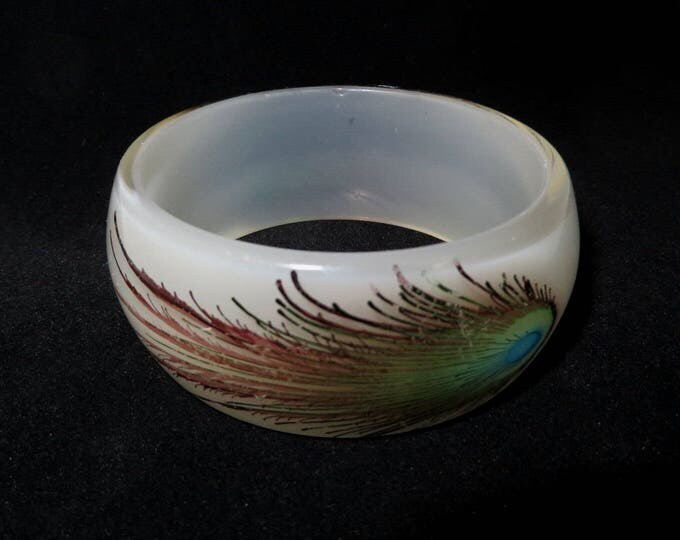White Lucite Bracelet - Vintage Lucite Bangle, Peacock Feather Bracelet, Chunky Bangle