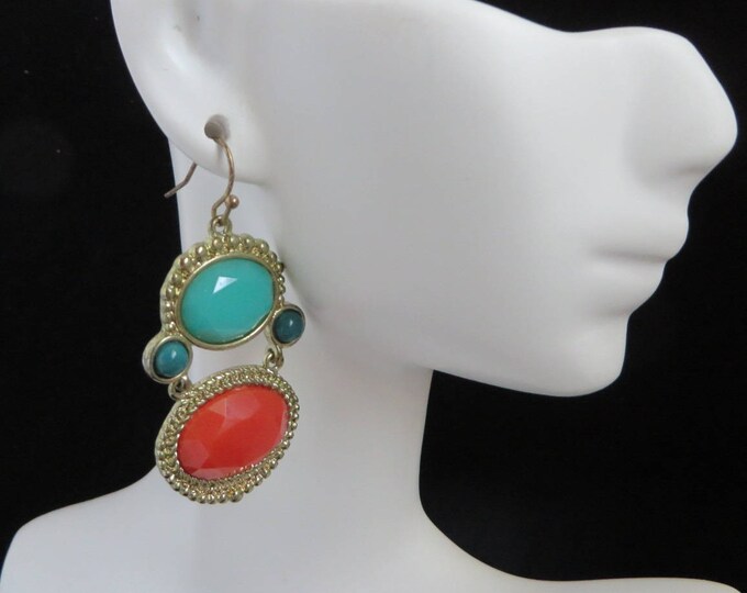 Faux Turquoise, Coral Earrings, Vintage Boho Dangling Earrings, Pierced Beaded Dangles, Hippie Jewelry