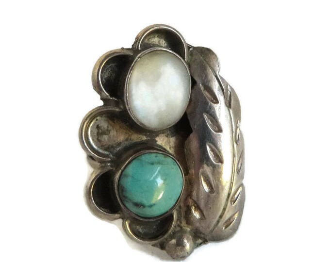Sterling Silver Ring, Turquoise & MOP Ring, Navajo Feather Ring, Vintage Native American Jewelry, Statement Ring, Gift for Her, Size 6
