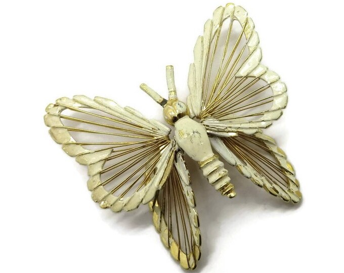 Vintage Cream Butterfly Brooch - Monet Cream Enamel Pin, Gold Tone 1960s, Insect Pin, Gift Box